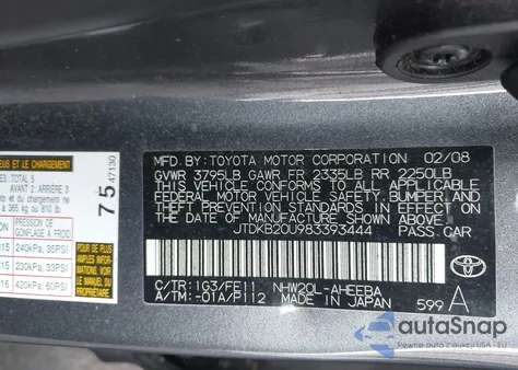 2008 Toyota Prius из США, поврежденный, VIN JTDKB20U983393444